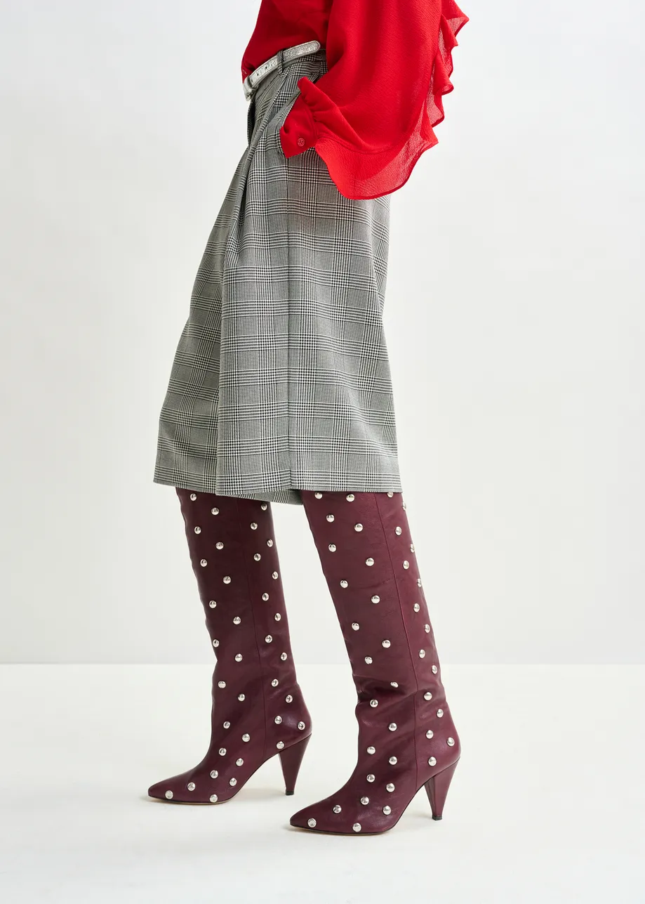 Burgundy studded leather knee-high cone heel boots