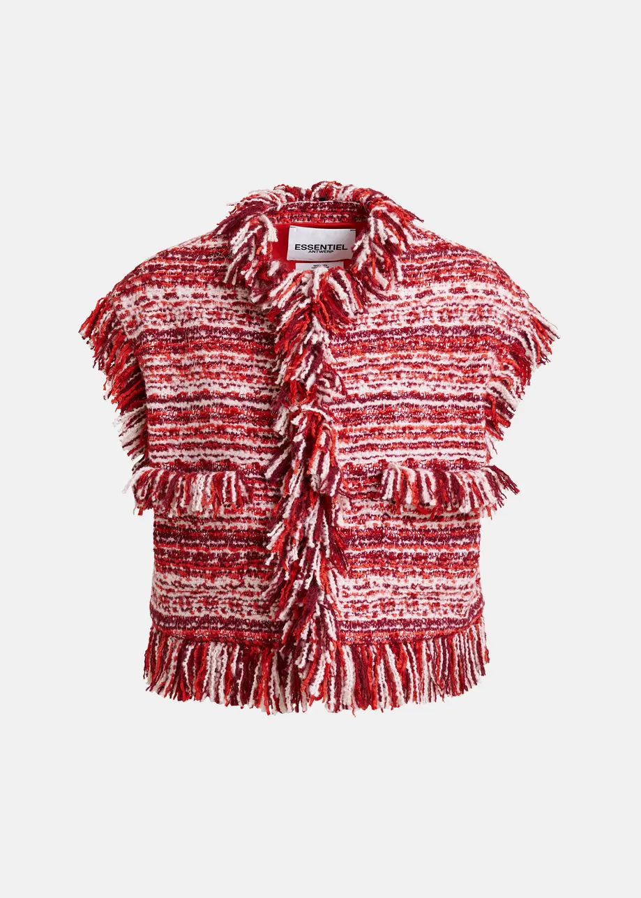 Cropped mouwloos boucléjasje van wolmix met franjes in bordeauxrood, rood en wit