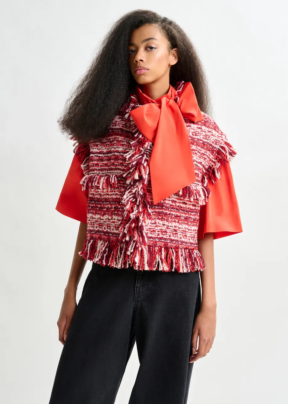 Burgundy, red and white cropped sleeveless fringed wool-blend bouclé jacket