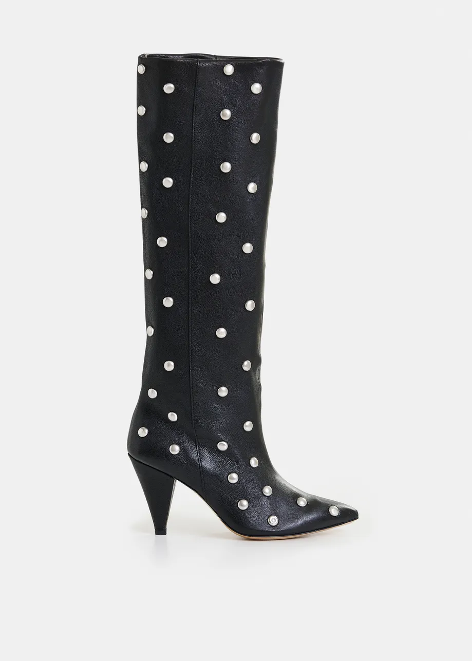 Black studded leather knee-high cone heel boots
