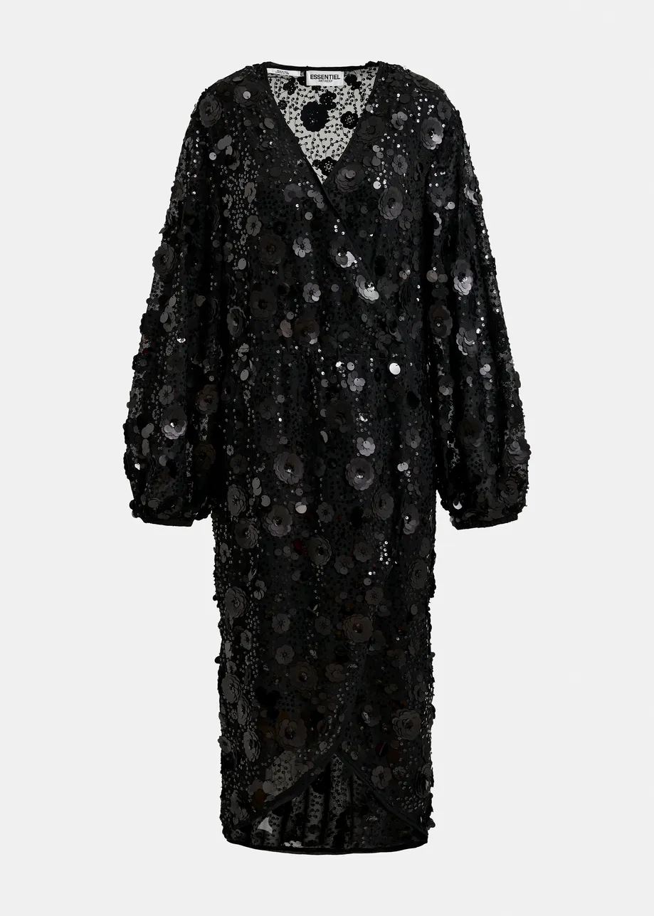 Black sequin-embellished wrap midi dress