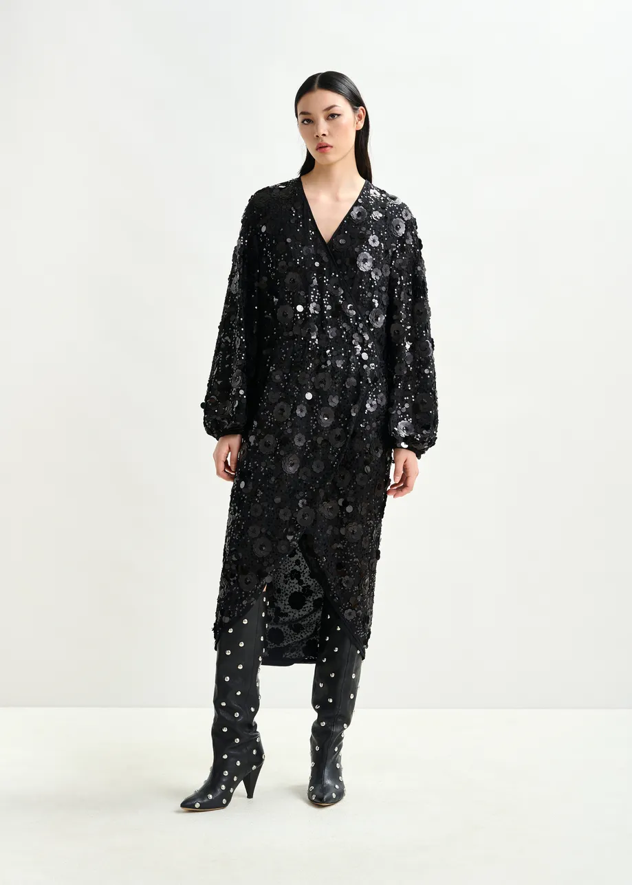 Black sequin-embellished wrap midi dress