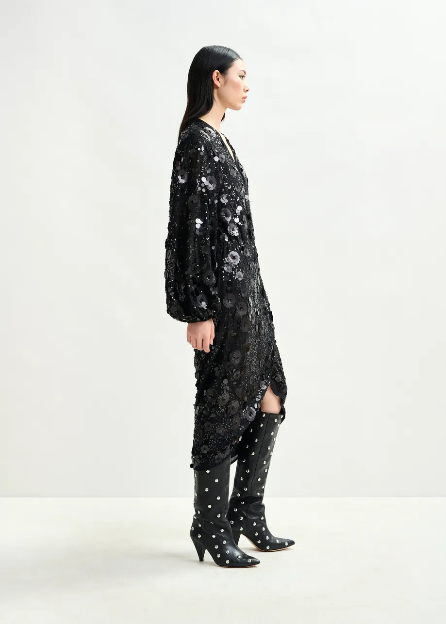 Black sequin-embellished wrap midi dress