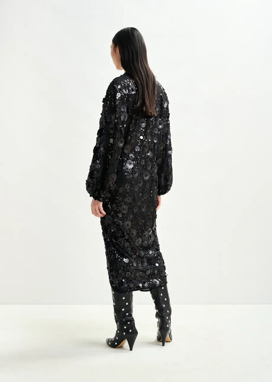 Black sequin-embellished wrap midi dress