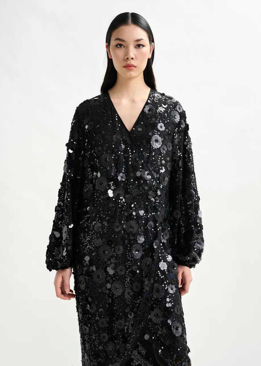 Black sequin-embellished wrap midi dress