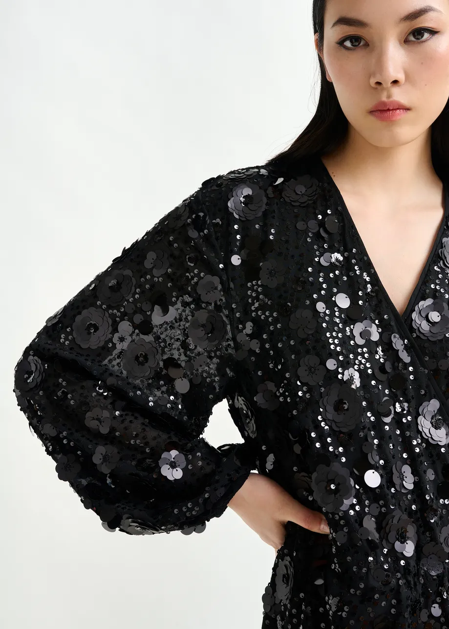 Black sequin-embellished wrap midi dress