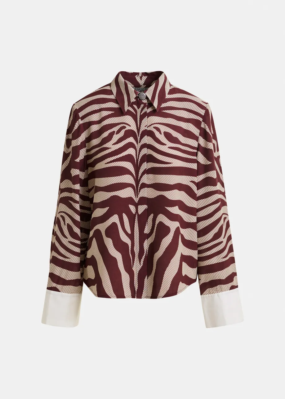 Off-white and burgundy zebra-jacquard shirt with rhinestone-encrushed button