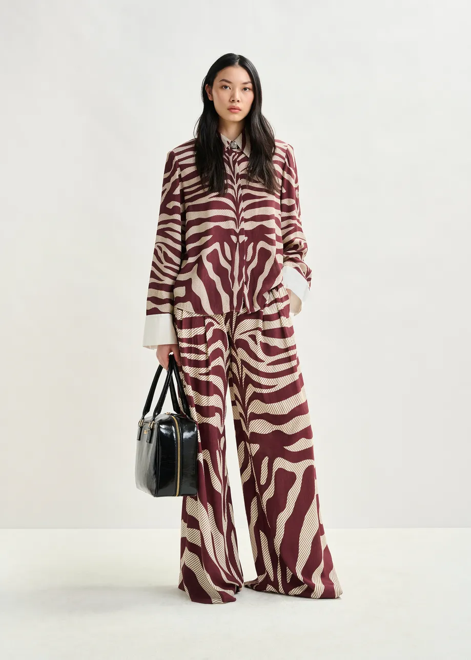 Off-white and burgundy zebra-jacquard shirt with rhinestone-encrushed button