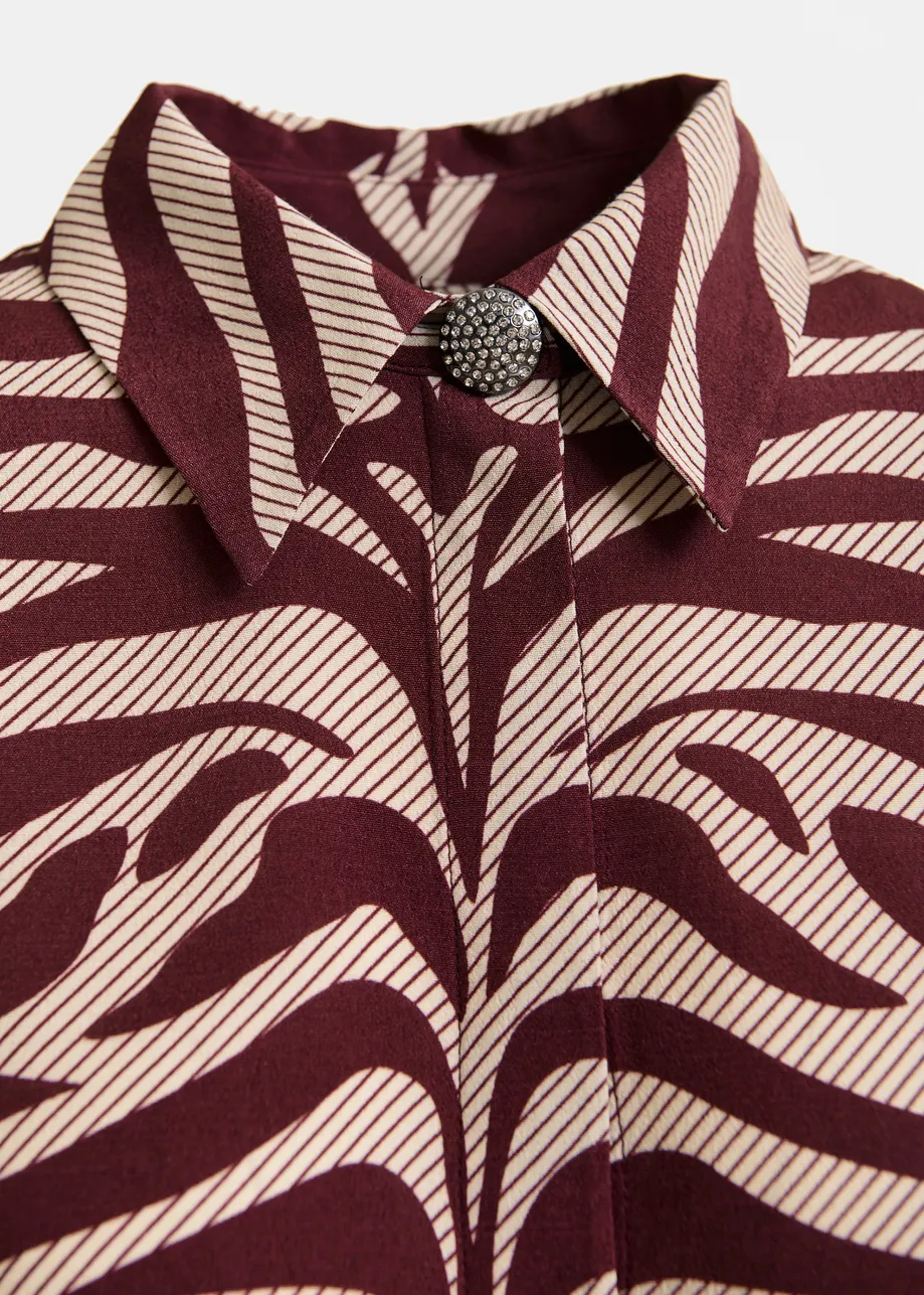 Off-white and burgundy zebra-jacquard shirt with rhinestone-encrushed button