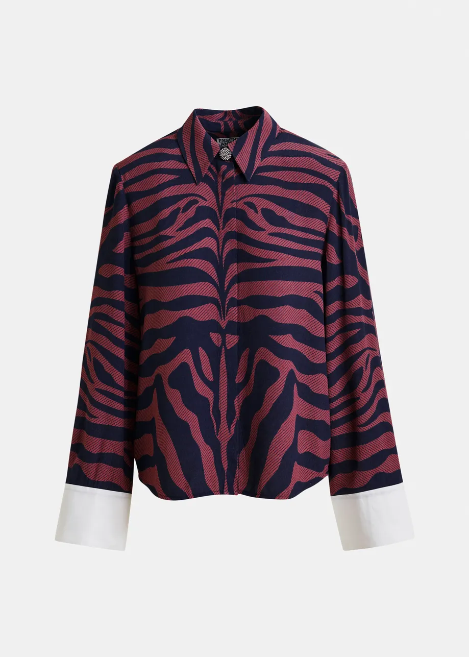 Dark pink and navy zebra-jacquard shirt with rhinestone-encrushed button