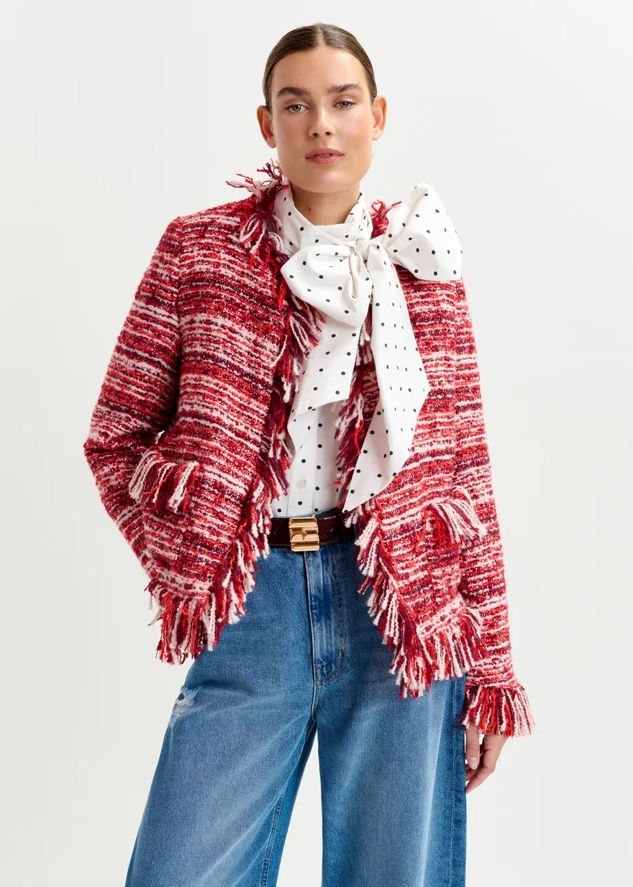 Burgundy, red and white fringed wool-blend bouclé jacket