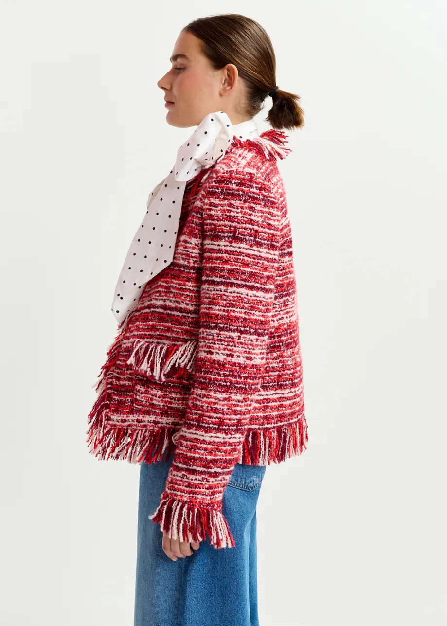 Burgundy, red and white fringed wool-blend bouclé jacket