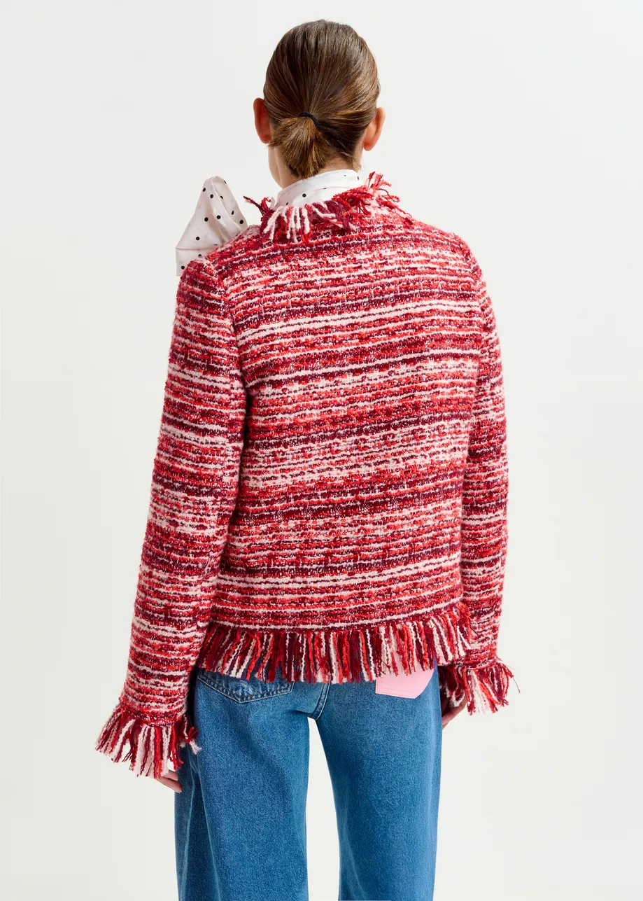 Burgundy, red and white fringed wool-blend bouclé jacket