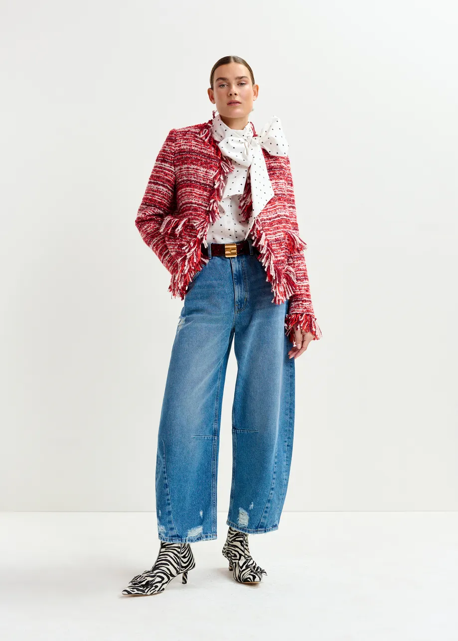 Burgundy, red and white fringed wool-blend bouclé jacket