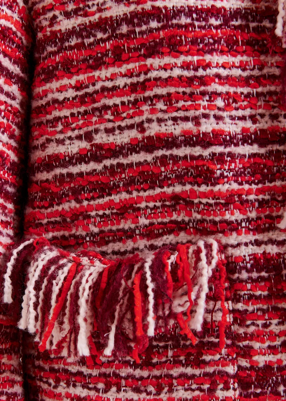 Burgundy, red and white fringed wool-blend bouclé jacket