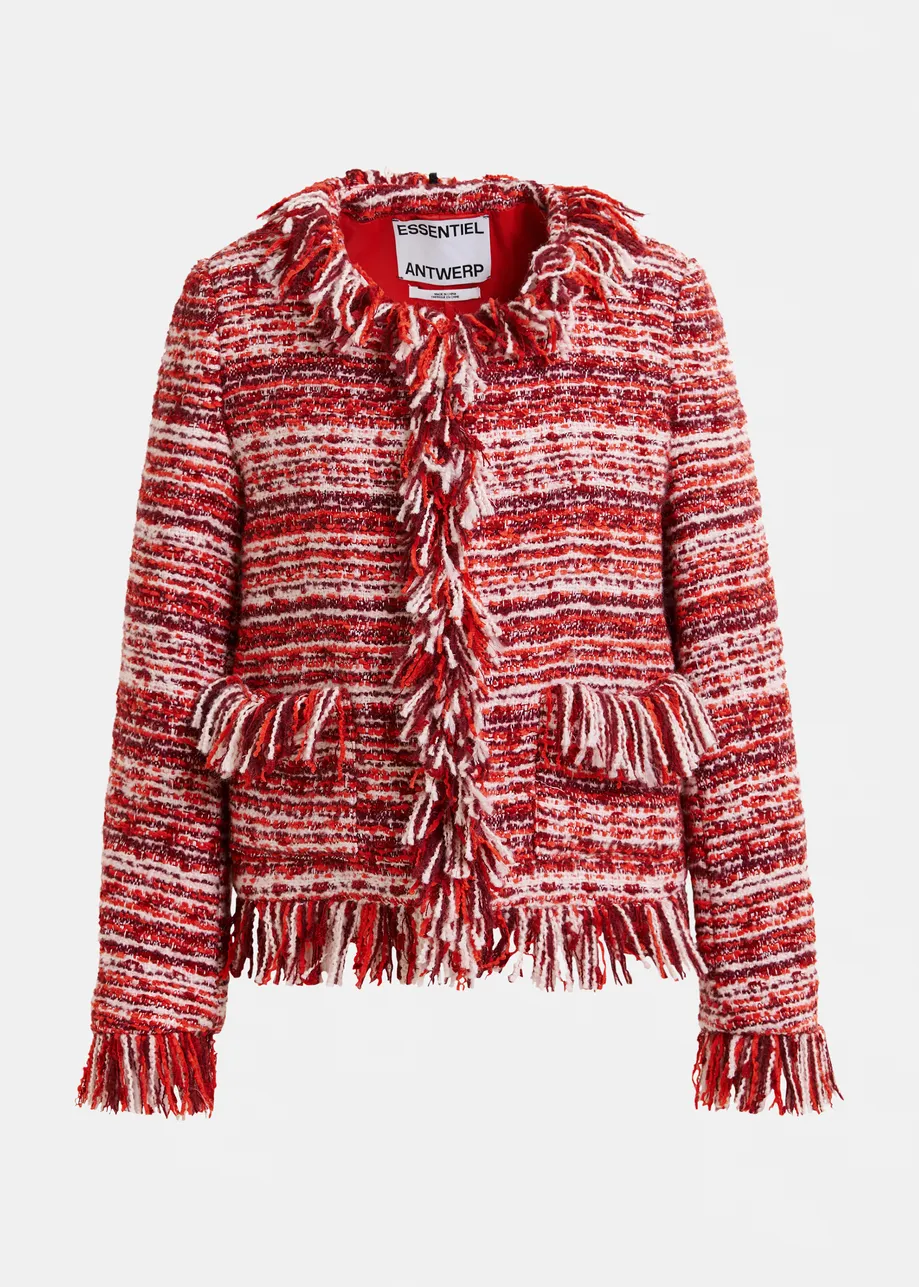 Burgundy, red and white fringed wool-blend bouclé jacket