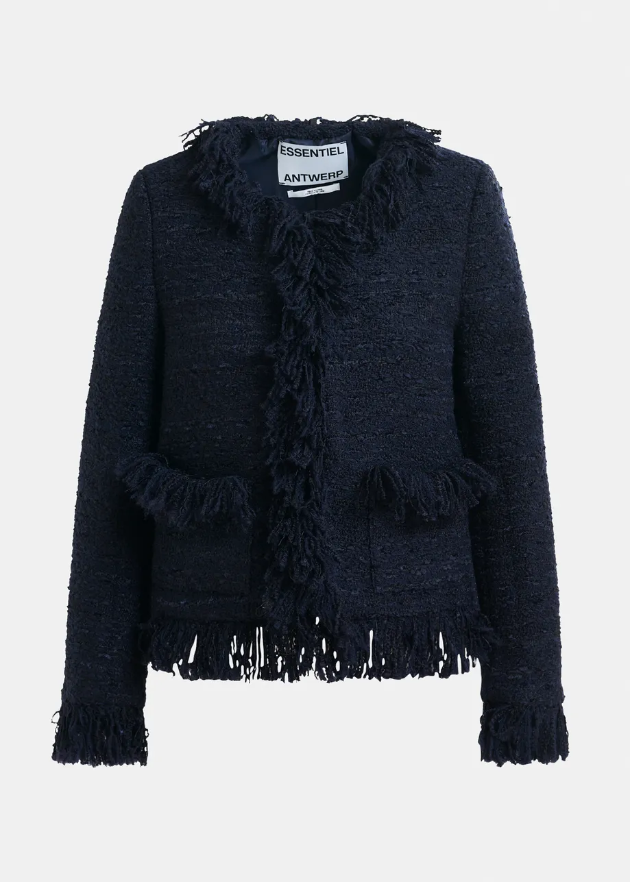 Dark blue fringed wool-blend bouclé jacket