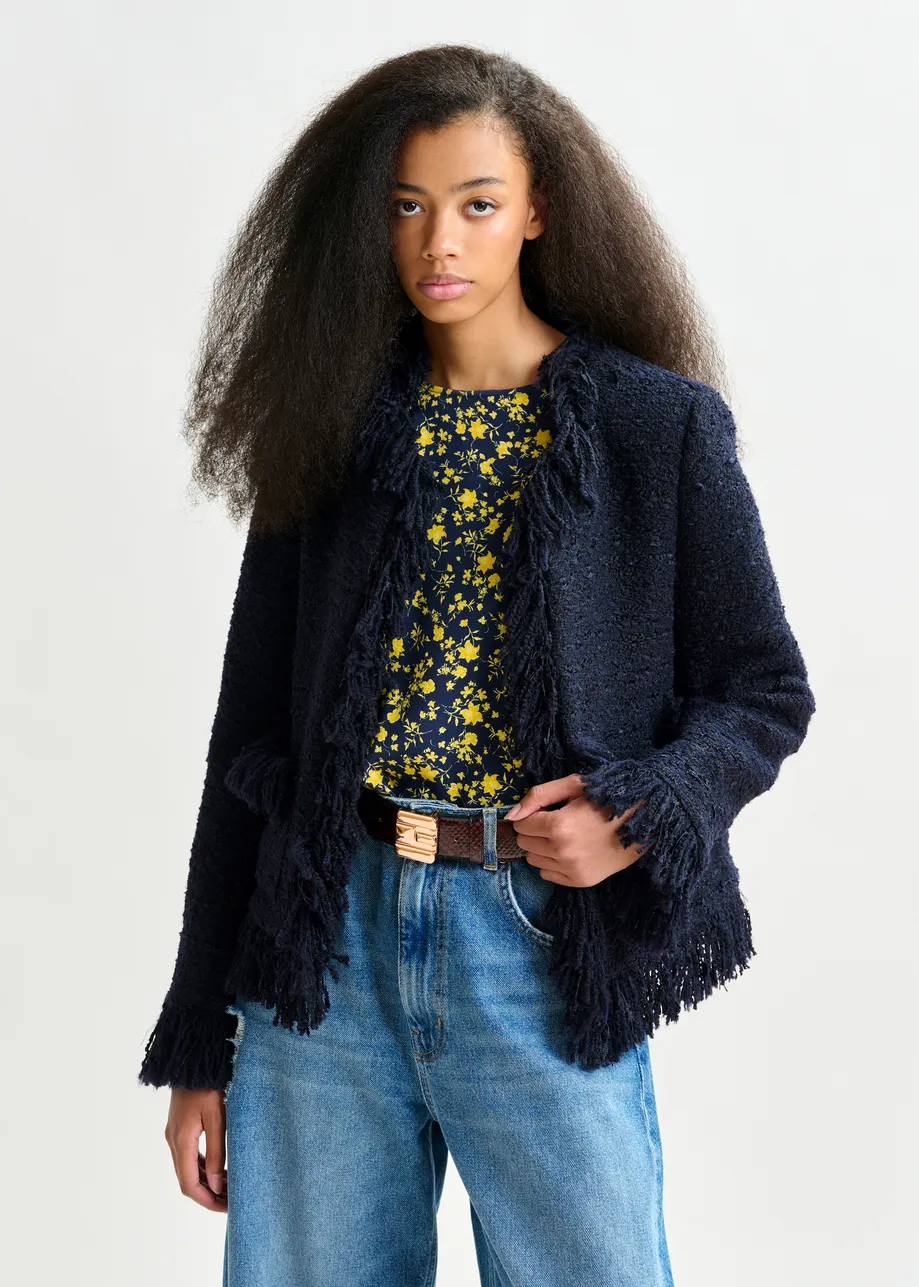 Donkerblauw boucléjasje van wolmix met franjes