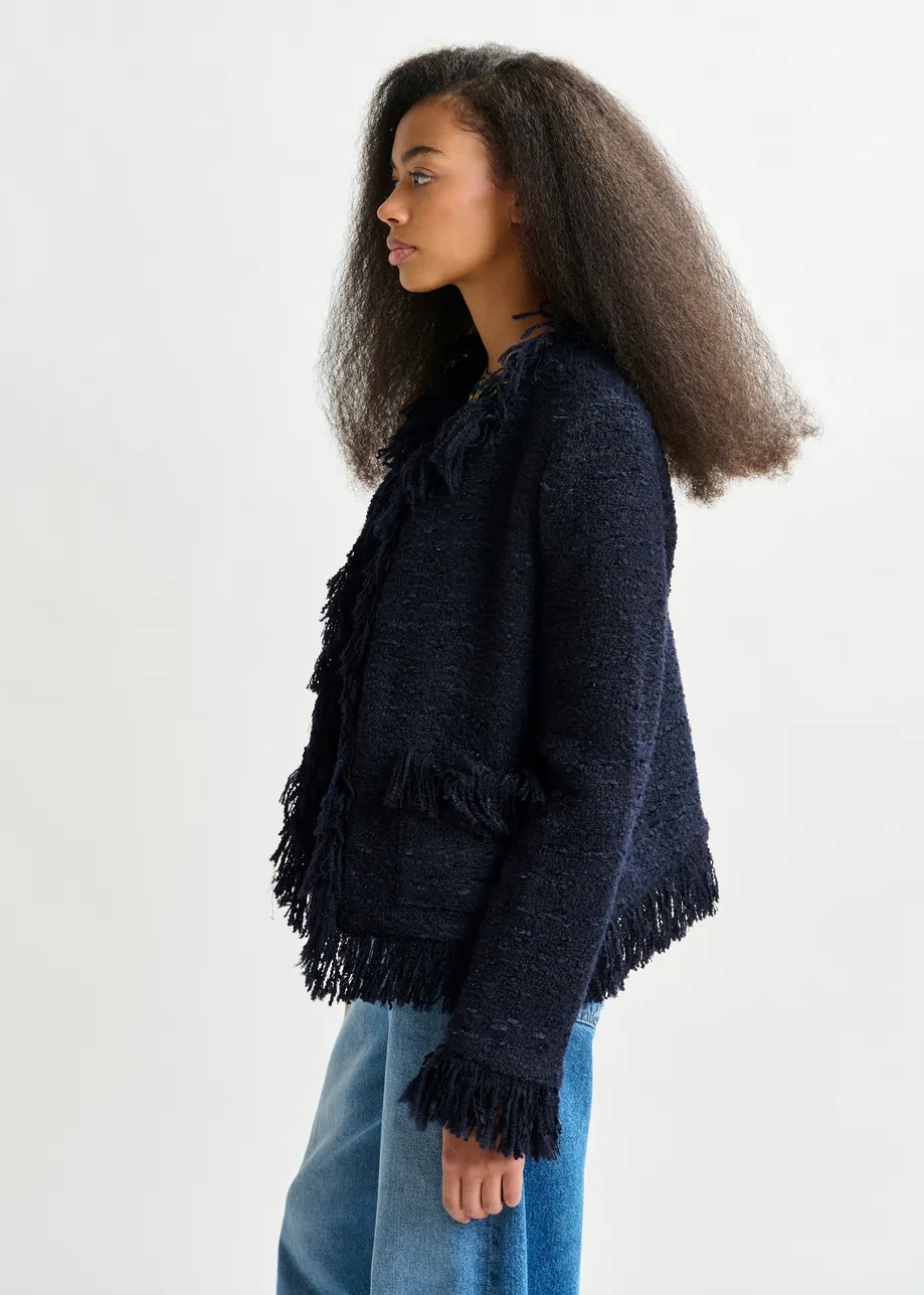 Donkerblauw boucléjasje van wolmix met franjes
