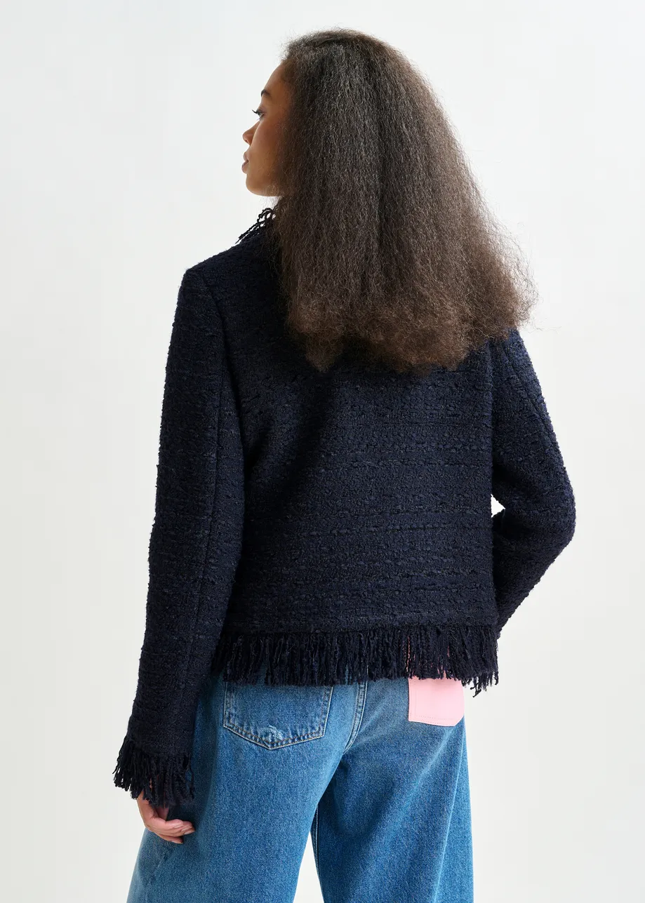 Donkerblauw boucléjasje van wolmix met franjes