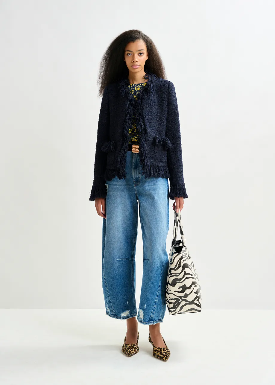 Dark blue fringed wool-blend bouclé jacket
