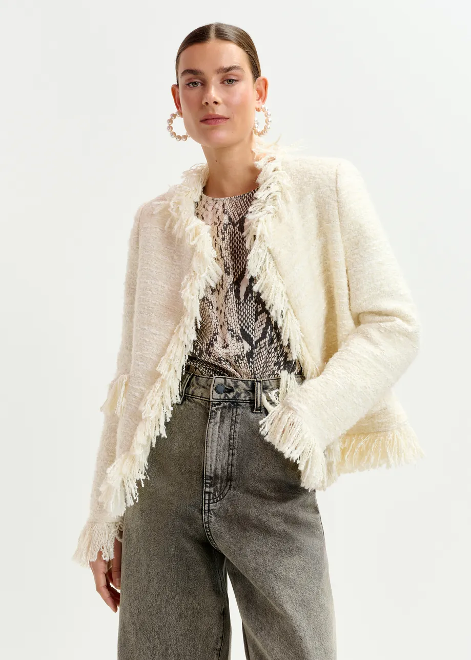 Off-white fringed wool-blend bouclé jacket