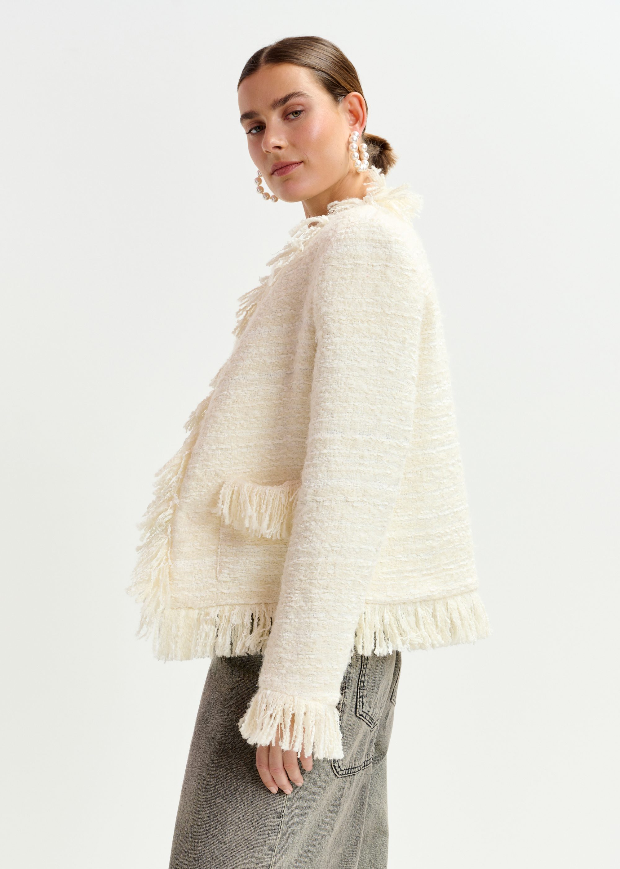 Off-white fringed wool-blend bouclé jacket | Essentiel Antwerp