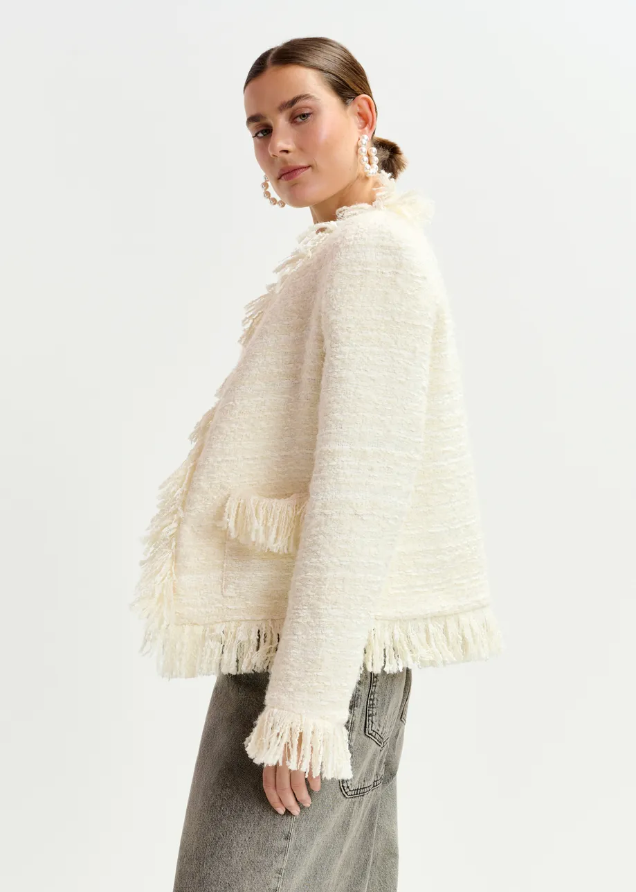 Off-white fringed wool-blend bouclé jacket