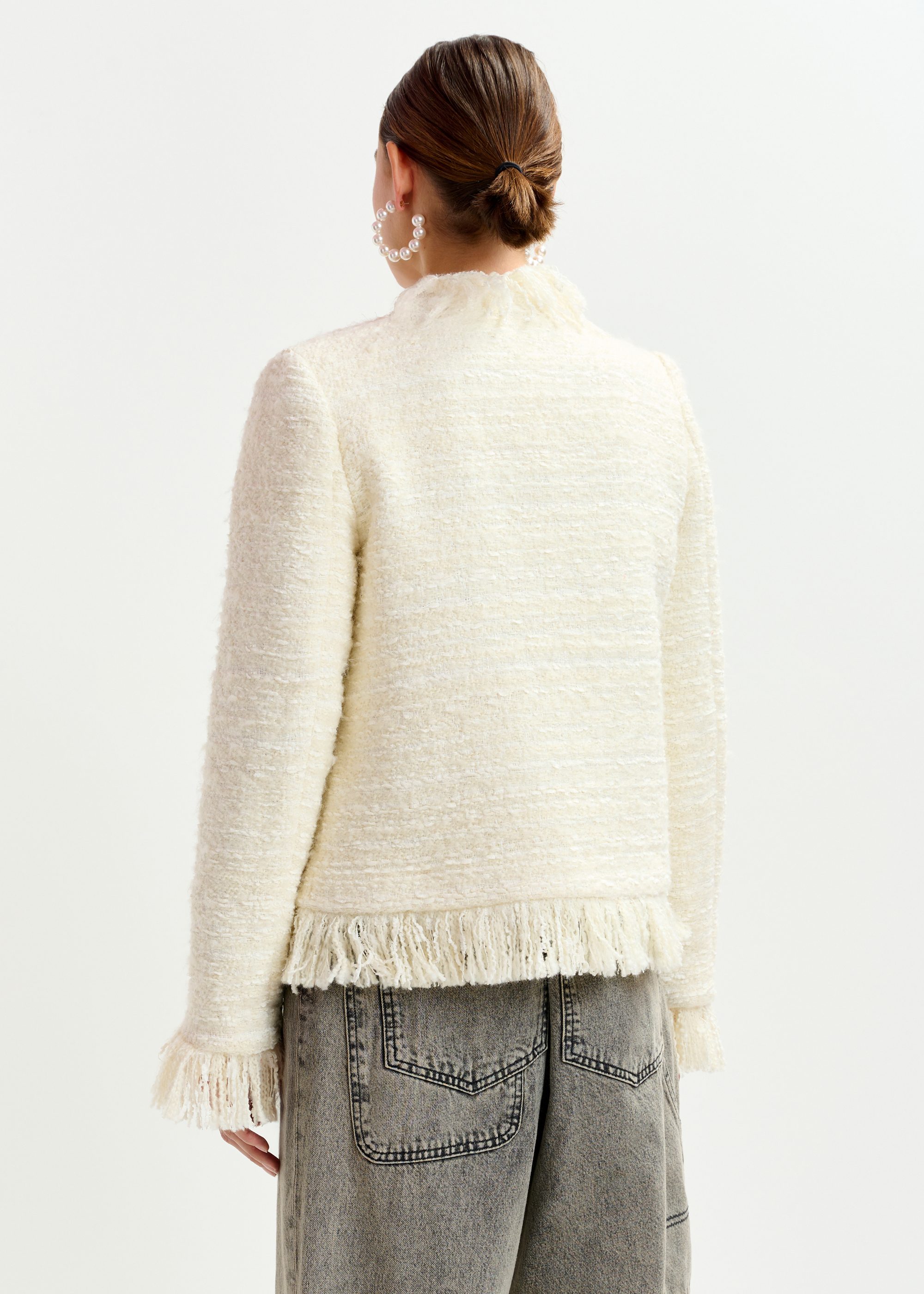 【GLOWNY】24F/W★PEBBLE BOUCLE JACKET (S,M) Off-white fringed wool-blend bouclé jacket | Essentiel