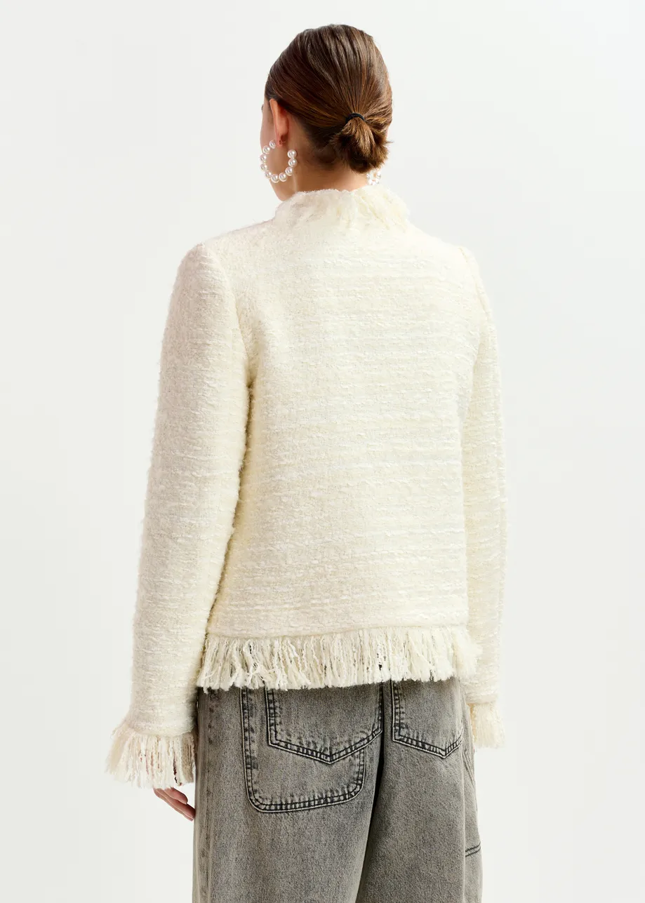 Off-white fringed wool-blend bouclé jacket