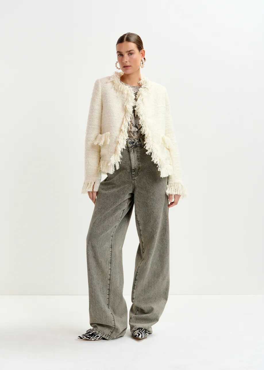 Off-white fringed wool-blend bouclé jacket