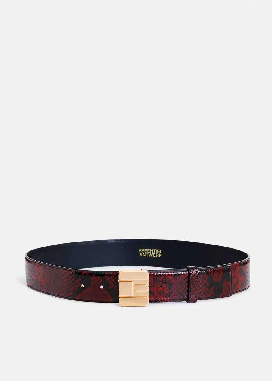 Dark red, black and gold leather belt with E-shaped buckle