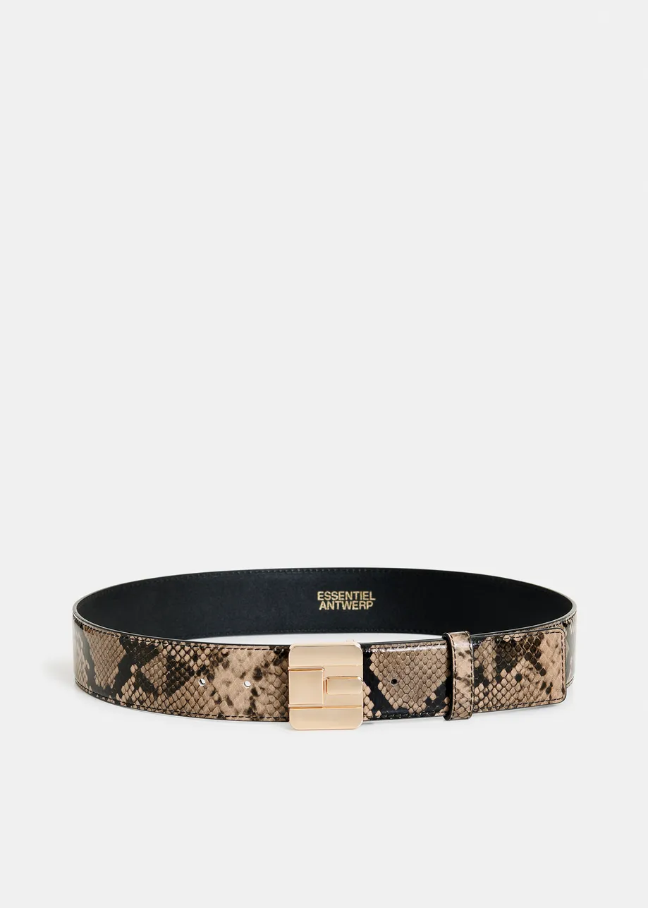 Green, beige and black leather belt with E-shaped buckle