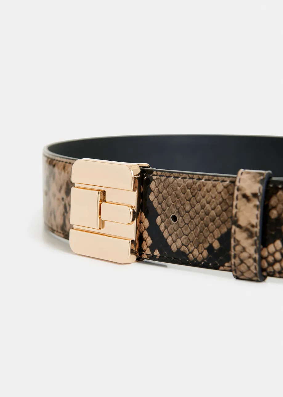 Green, beige and black leather belt with E-shaped buckle