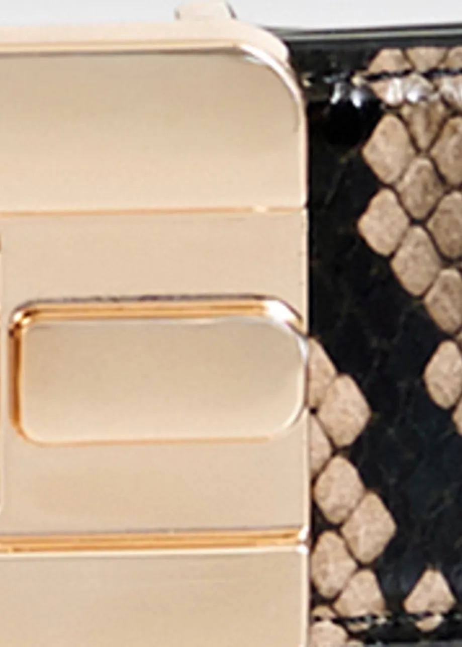 Green, beige and black leather belt with E-shaped buckle