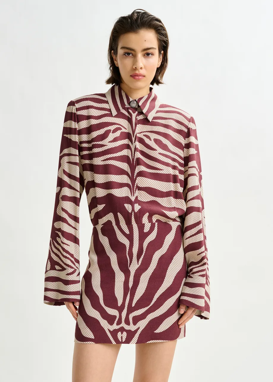 Burgundy and off-white zebra-jacquard mini dress