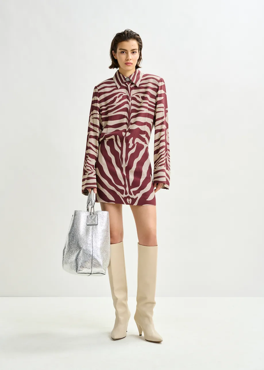Burgundy and off-white zebra-jacquard mini dress