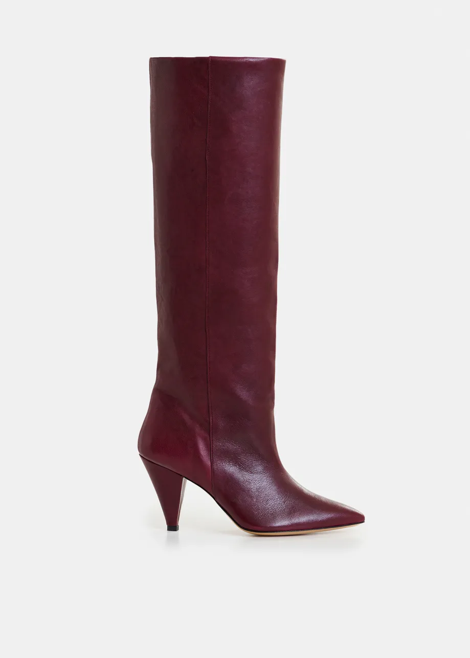 Burgundy leather knee-high cone heel boots
