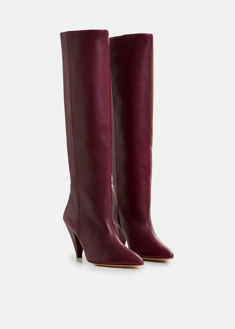 Burgundy leather knee-high cone heel boots