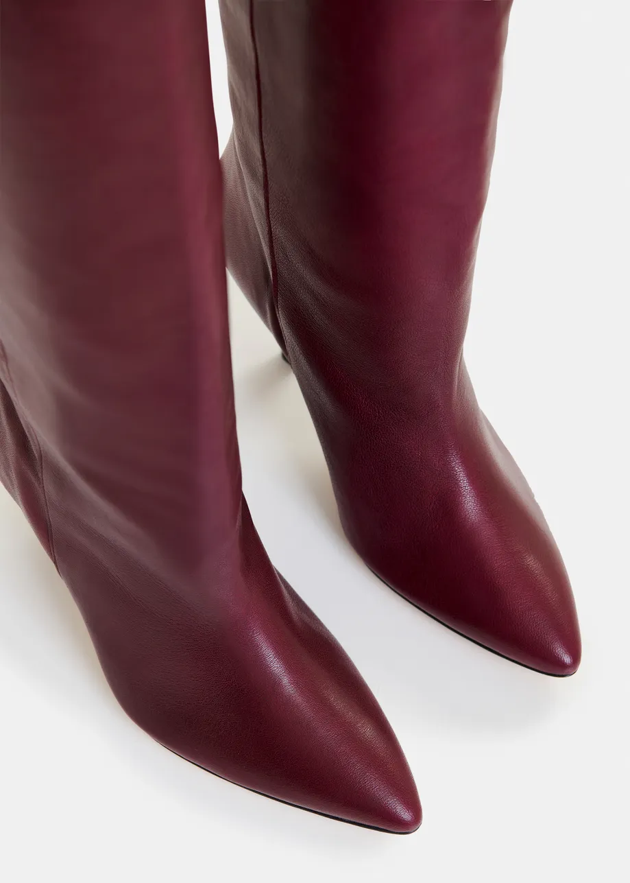 Burgundy leather knee-high cone heel boots
