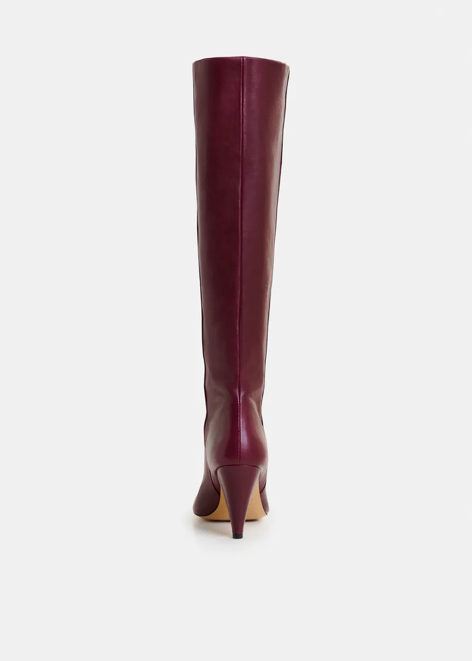 Burgundy leather knee-high cone heel boots
