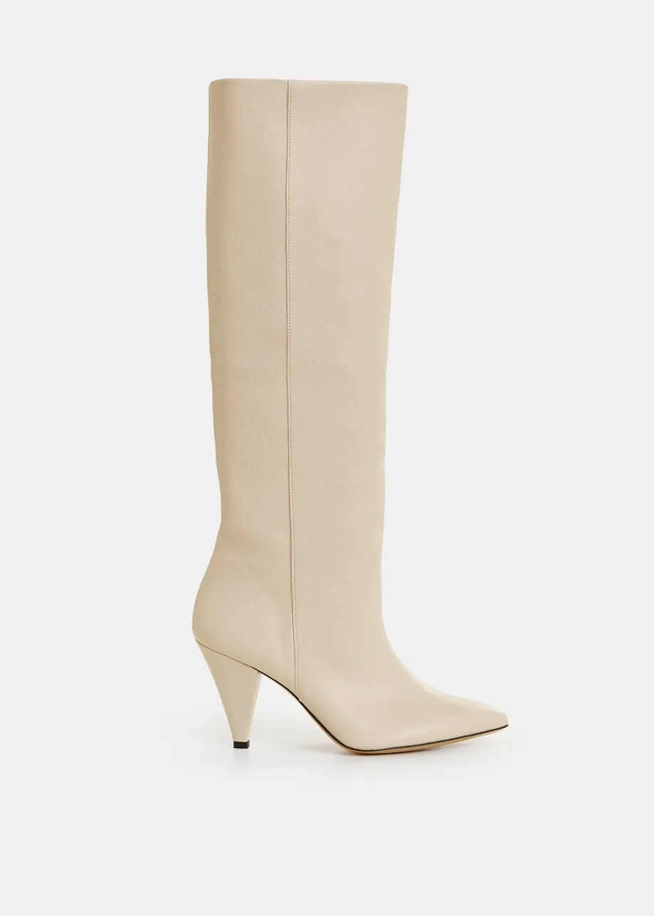 Off-white leather knee-high cone heel boots