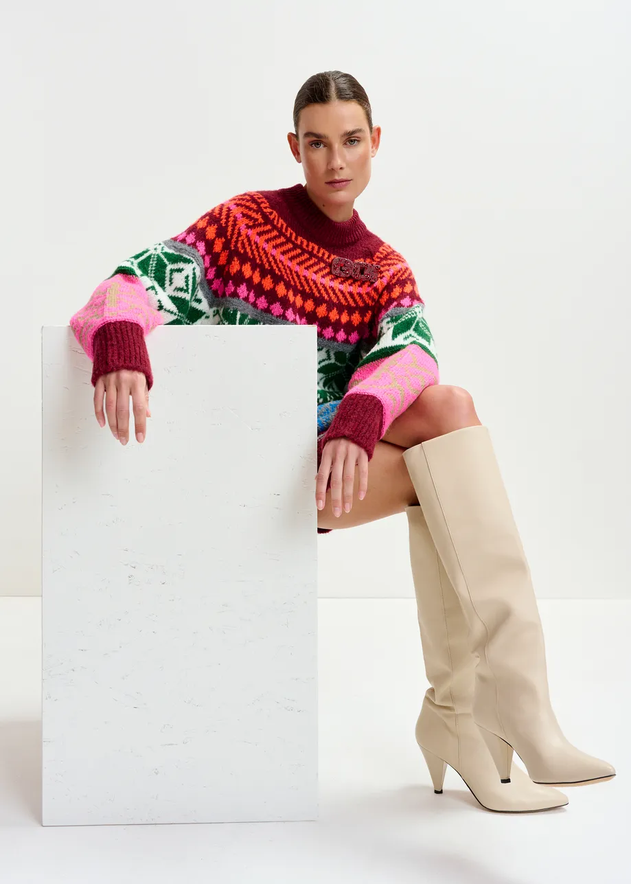 Off-white leather knee-high cone heel boots