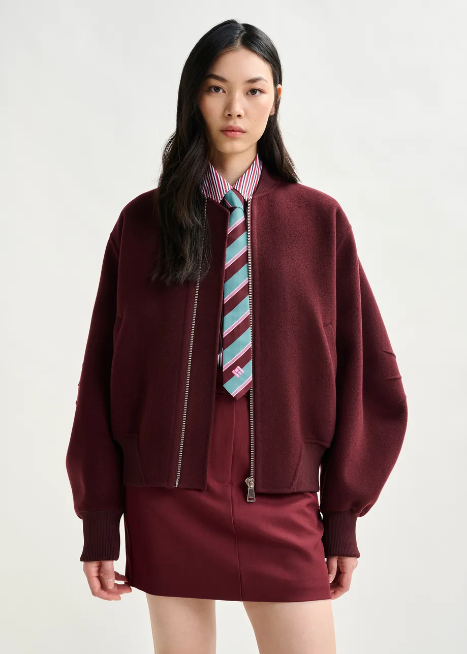 Burgundy oversized wool bomber jacket