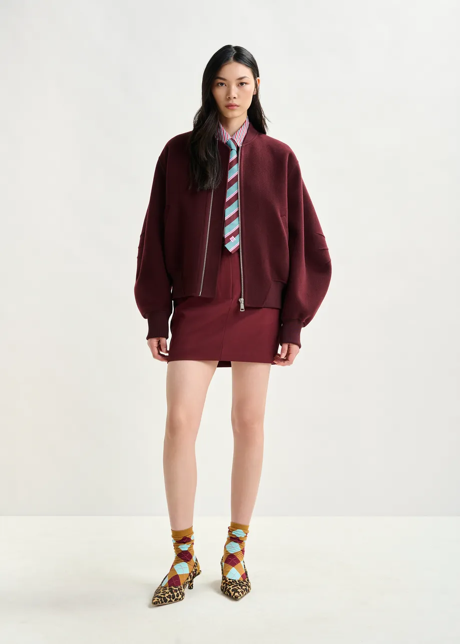 Burgundy oversized wool bomber jacket