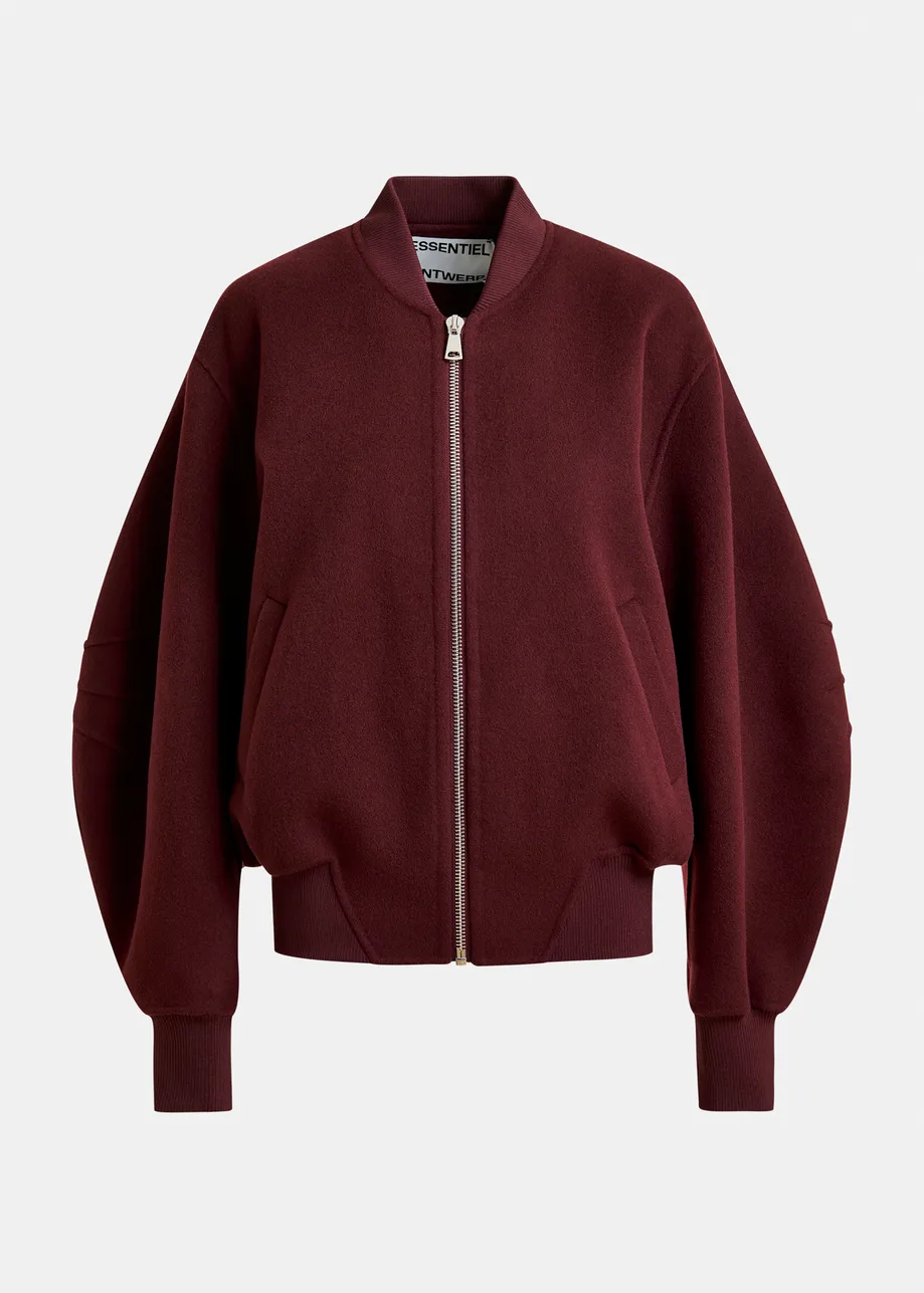 Burgundy oversized wool bomber jacket