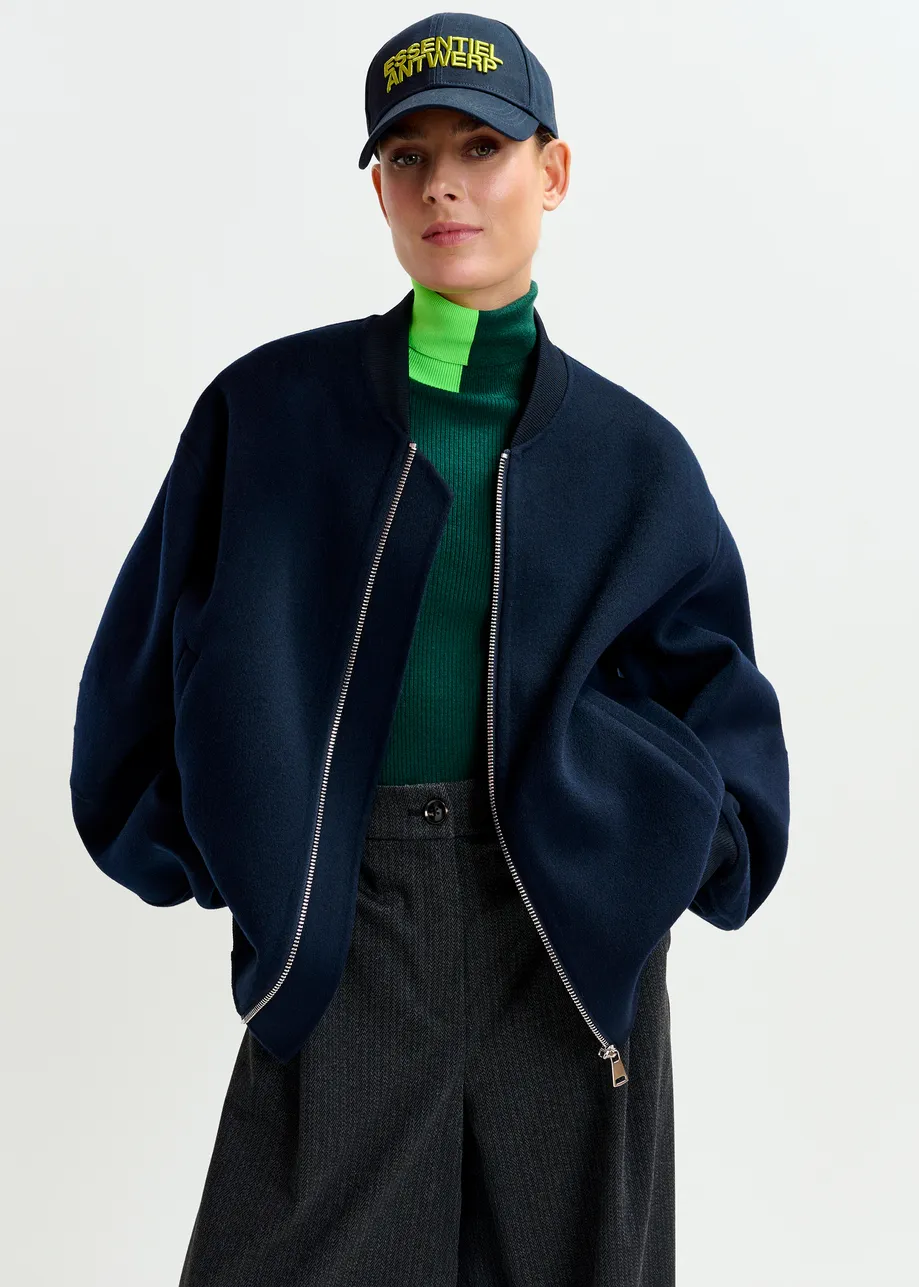 Navy oversized wool bomber jacket