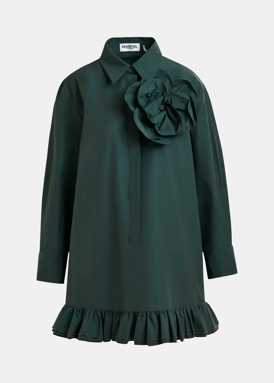 Dark teal green ruffled mini shirt dress with self-fabric flower