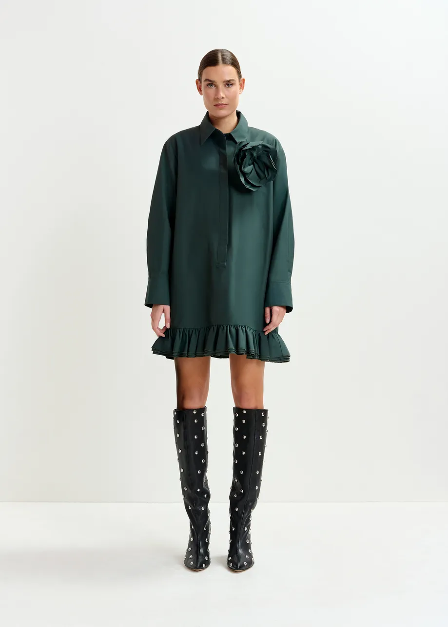 Dark teal green ruffled mini shirt dress with self-fabric flower