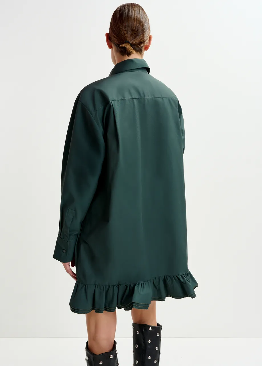 Dark teal green ruffled mini shirt dress with self-fabric flower